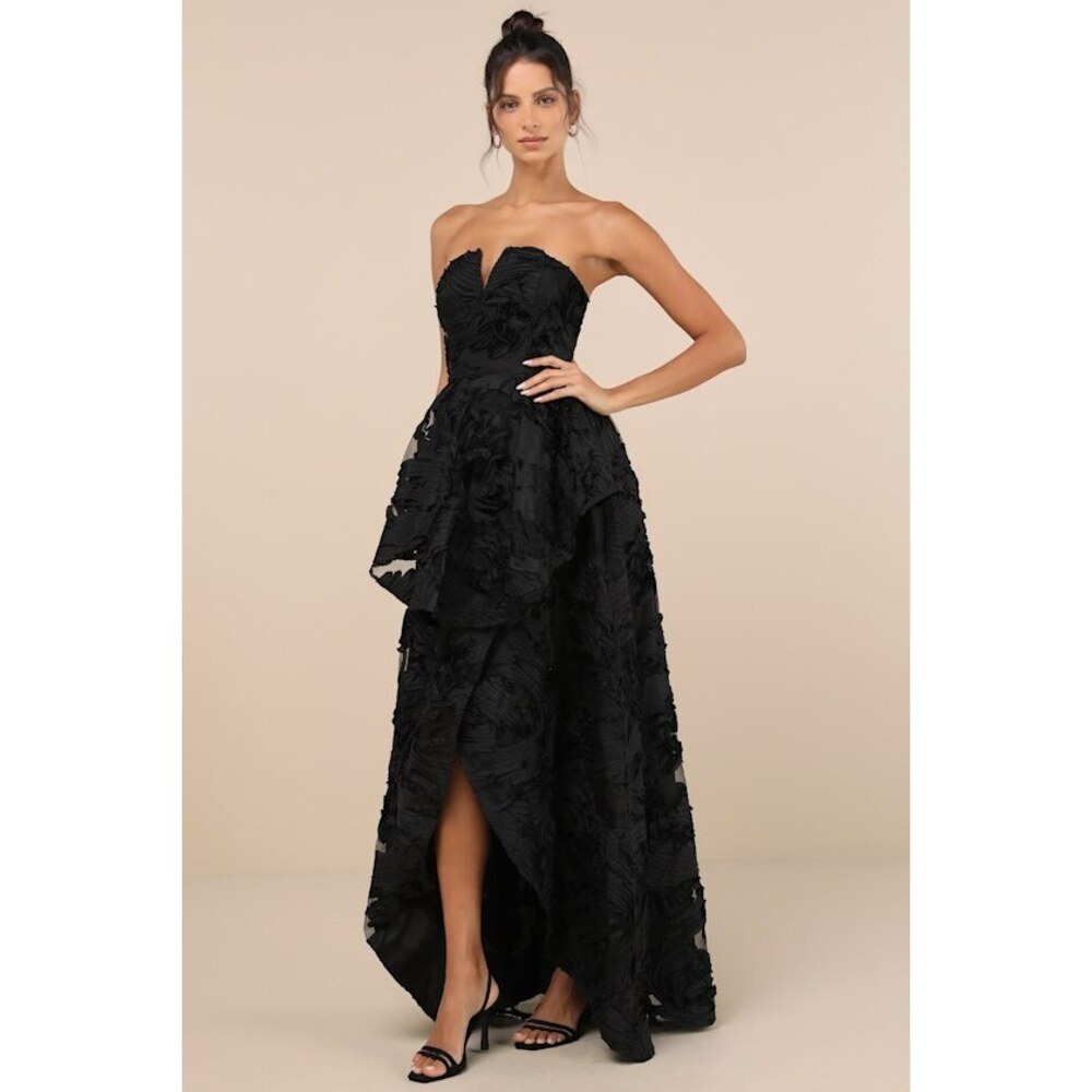 Lulus Majestic Glam Black Strapless Textured High-low Maxi Dress - Size M